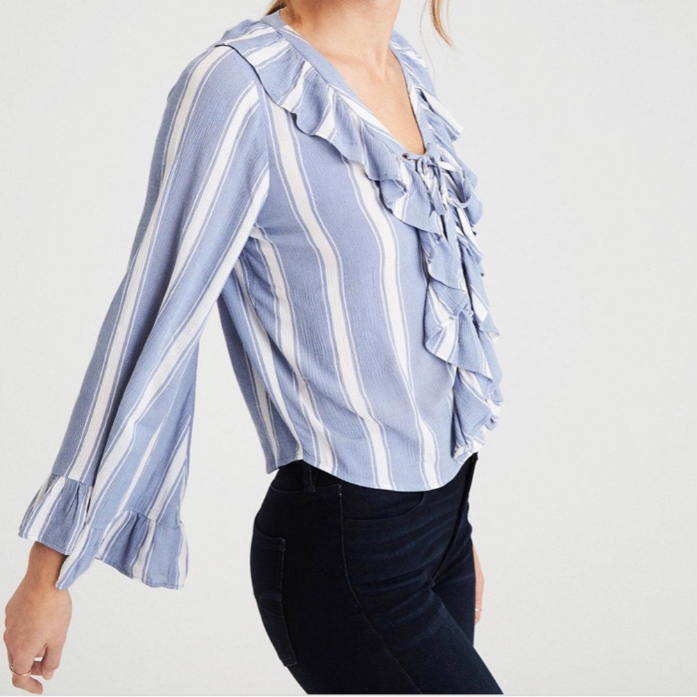 American Eagle Striped Long Sleeve Lace Up Top